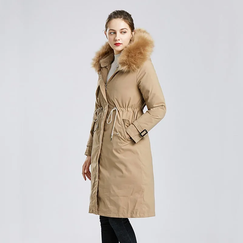 Black Friday Sales New Winter Women Warm Wool Liner Long Coat Thick Hooded Parkas Large Fur Collar Embroidery Jacket Snow Padded Outwear