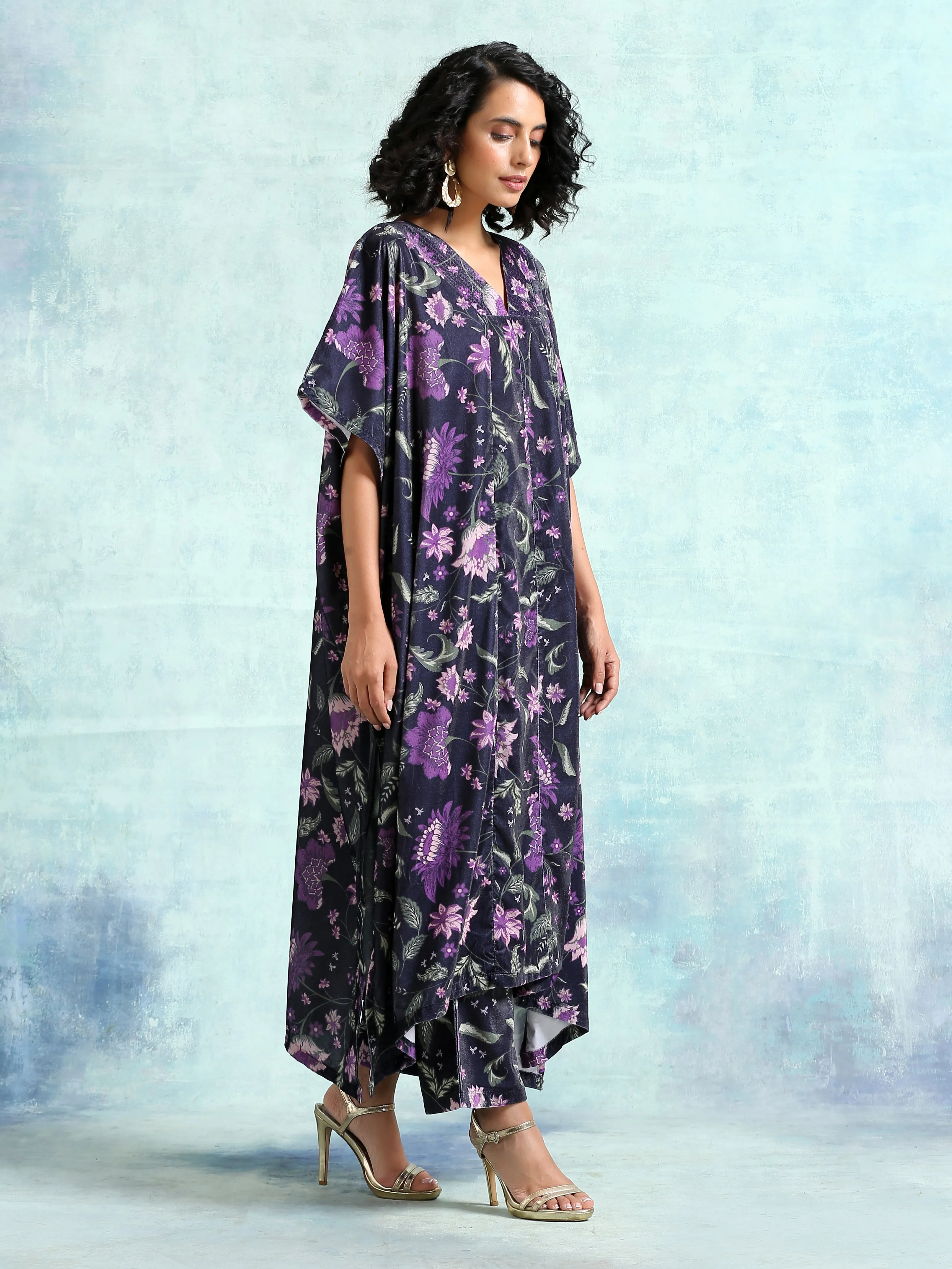 Black Printed Velvet Kaftan Kurta | Relove