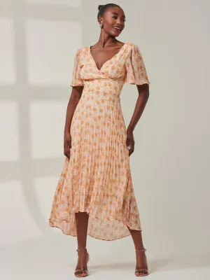 Chelsea Pleated Chiffon Dip Hem Maxi Dress, Orange Floral