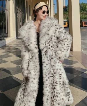 Full Size Leopard Print Faux Fox Fur Longline Coat