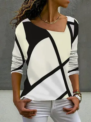 Long Sleeves Loose Printed Asymmetric Collar T-Shirts Tops