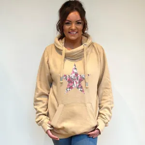 Luxury Cowl Neck Pink Camo Star Hoodie - Latte