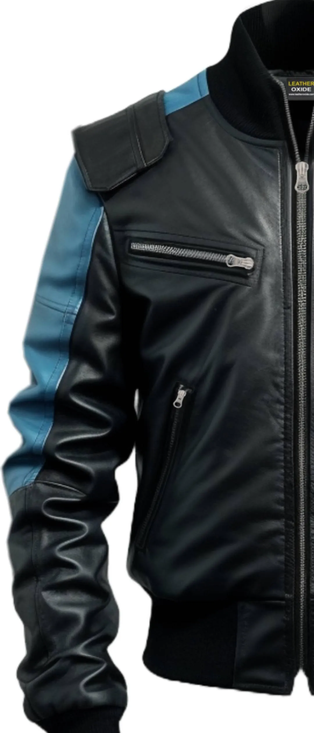 Men Bomber Leather Jacket - Blue Black Bomber Jacket