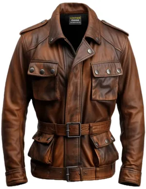 Men Military Style Vintage Leather Jacket - Vintage Leather Jacket