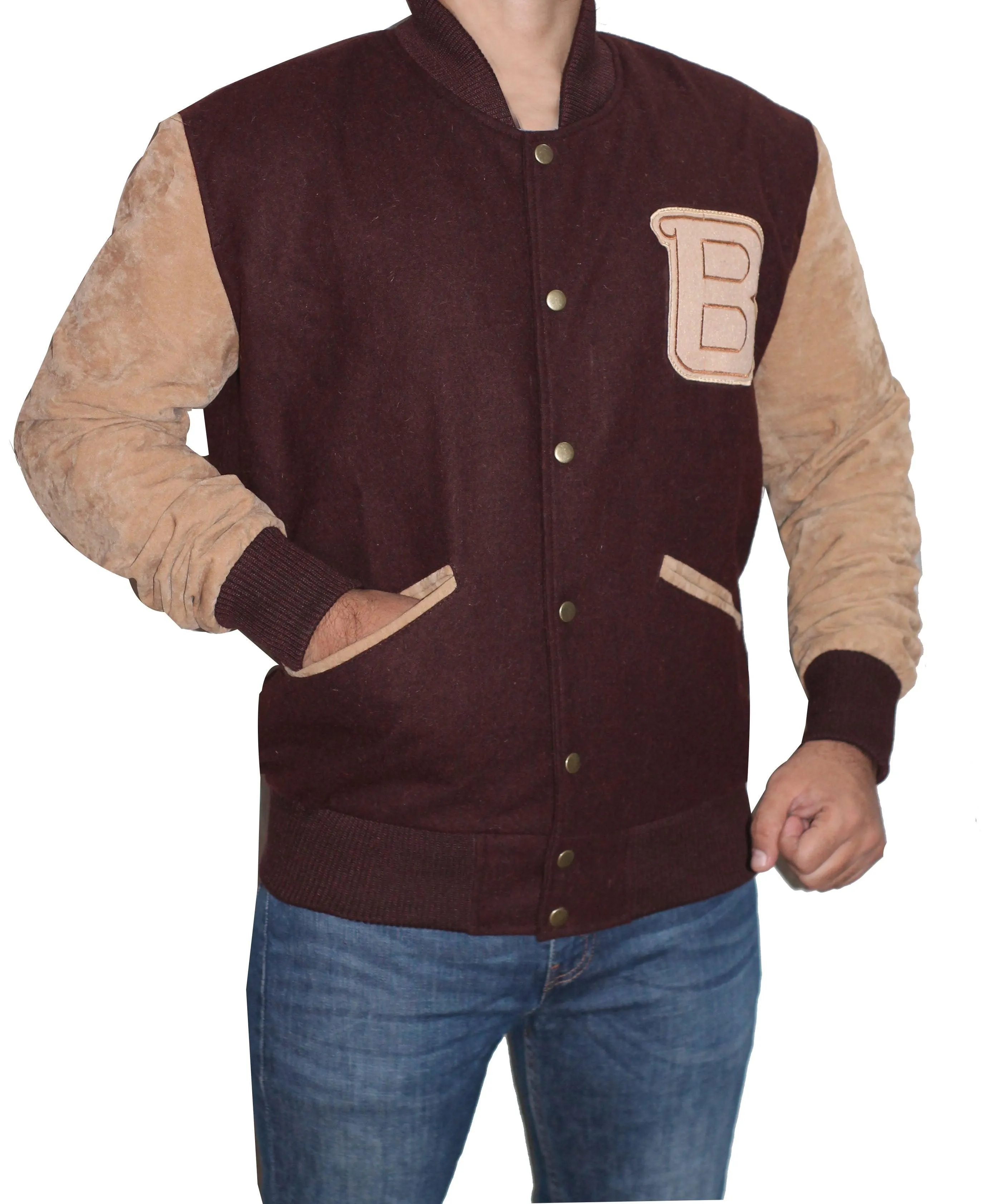 Men Varsity Wool Bomber Jacket - Brown