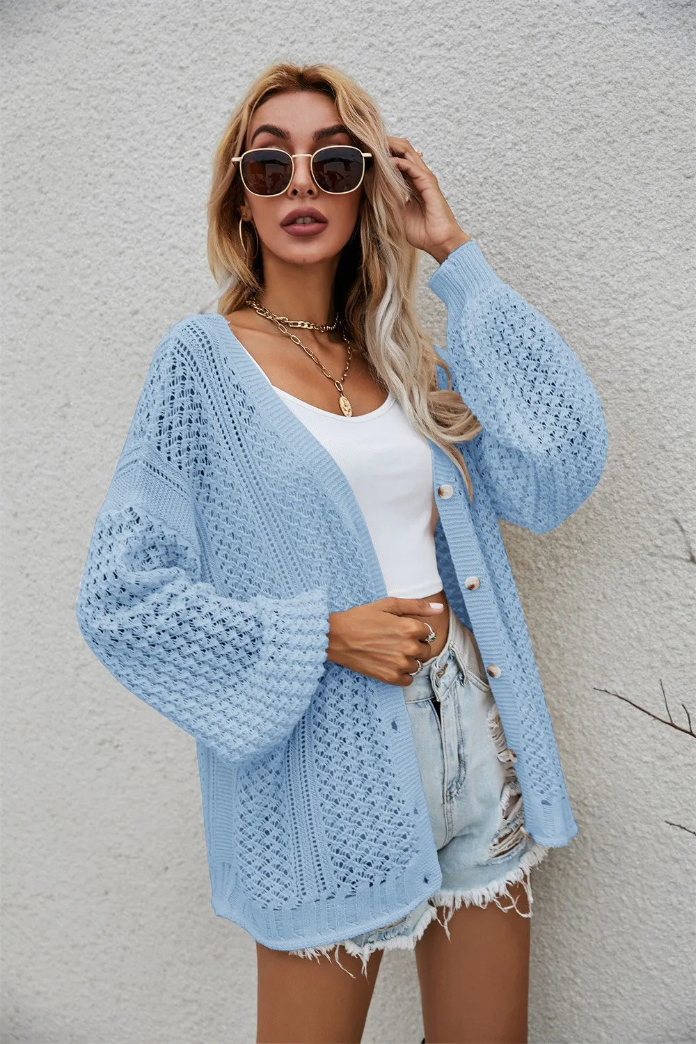 Openwork V-Neck Button Up Cardigan