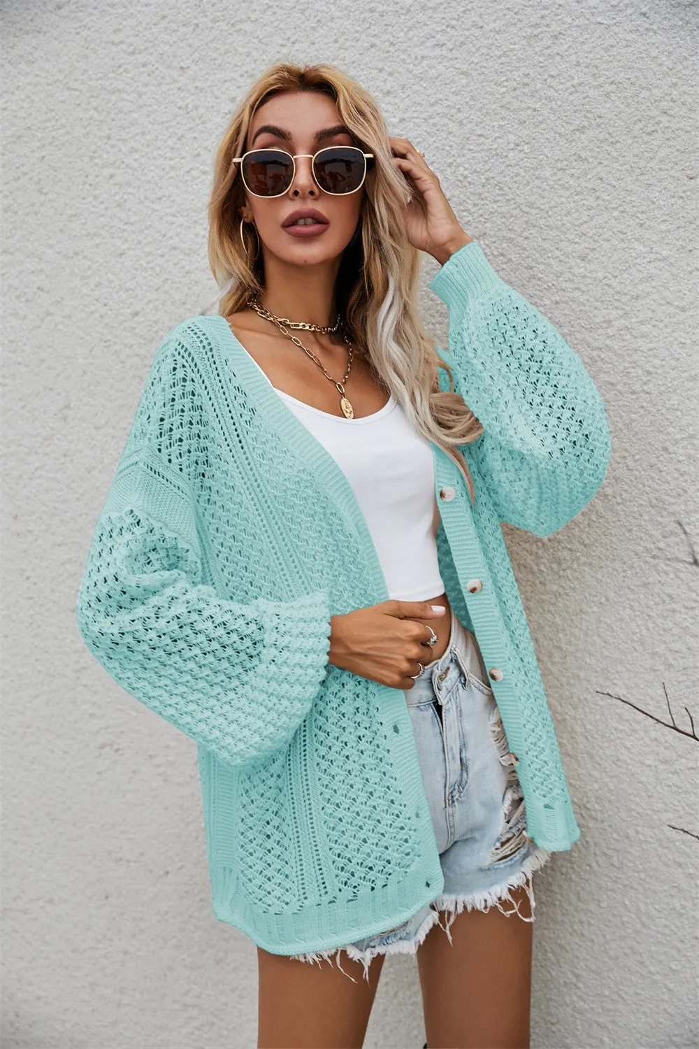 Openwork V-Neck Button Up Cardigan