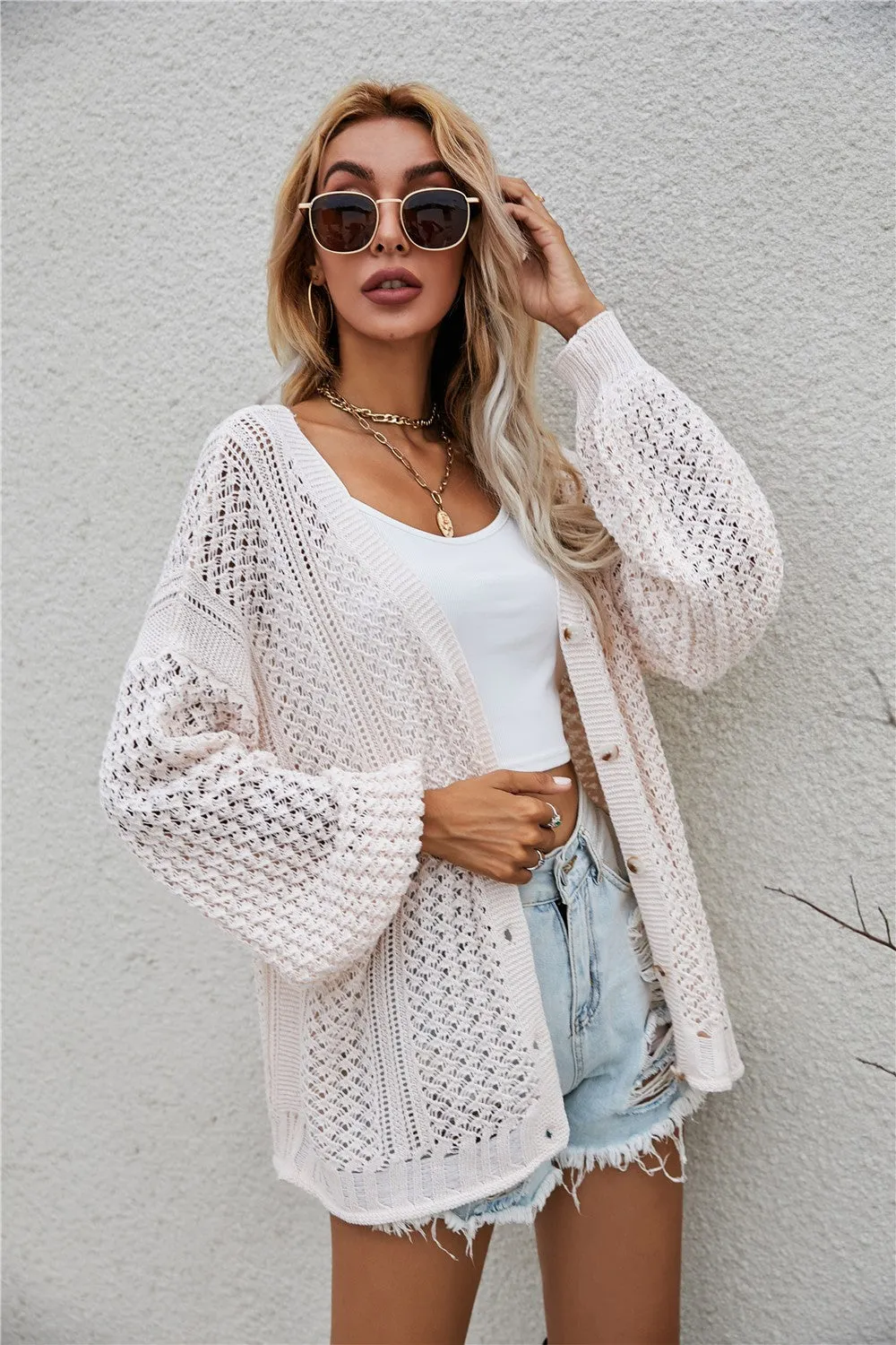 Openwork V-Neck Button Up Cardigan