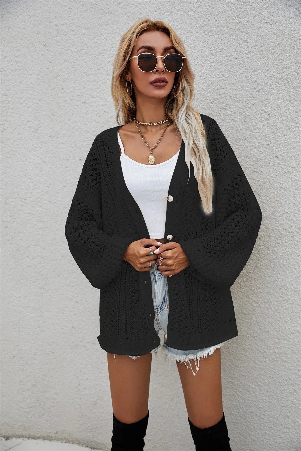 Openwork V-Neck Button Up Cardigan