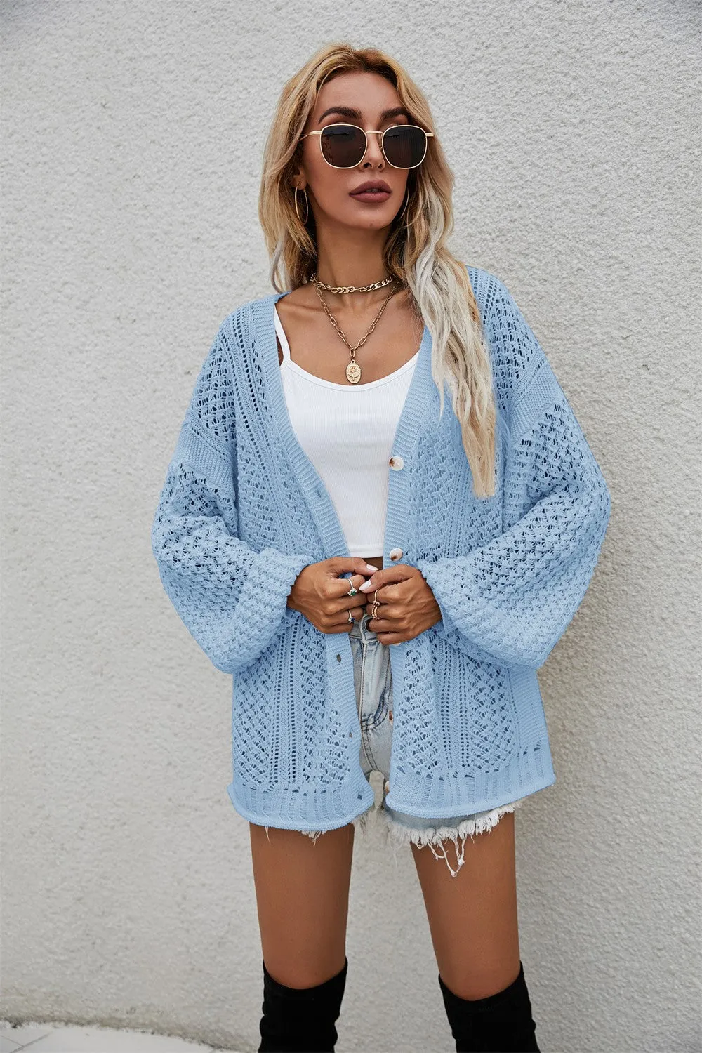 Openwork V-Neck Button Up Cardigan