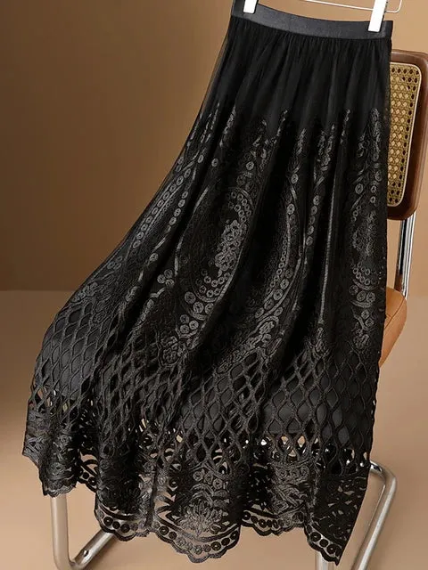 Pre Order:  Lattice Damask Lace Midi Skirt