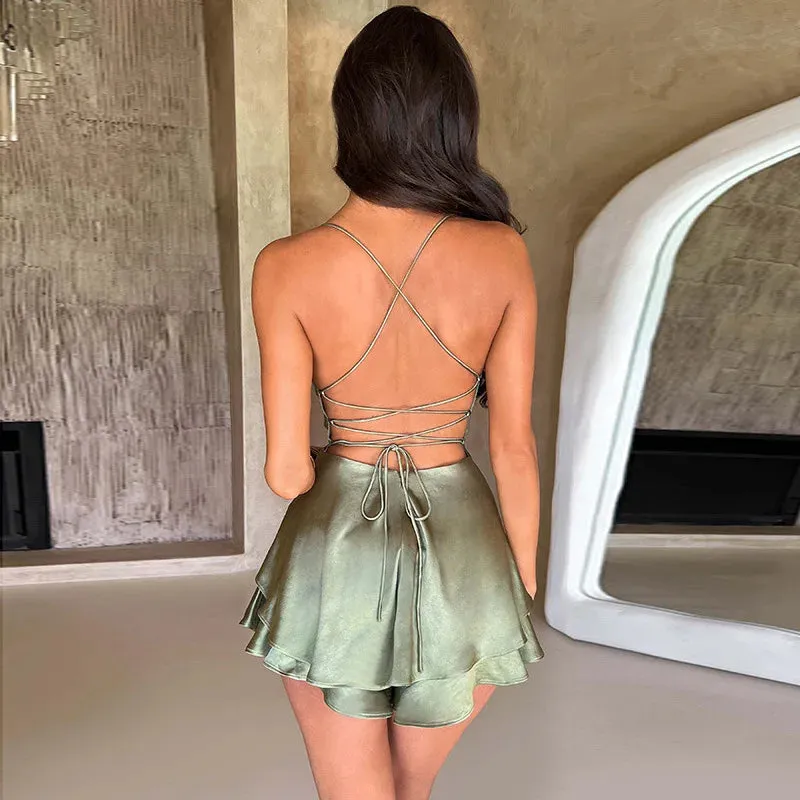 Short Summer Spaghetti 2024 Bandage Women Dresses Strap Mini Up Sexy Backless Vestidos Lace Dress