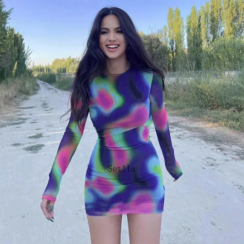 Tie Dye O Neck Long Sleeve Backless Mini Dress