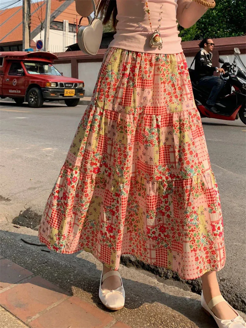 Vacation Summer Bohemian Contrasting Floral Patchwork Color Skirt