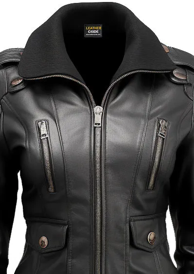 Womens Black Leather Bomber Jacket